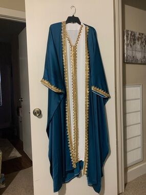 Teal and White Embellished Open-Front Abaya with Gold Trim